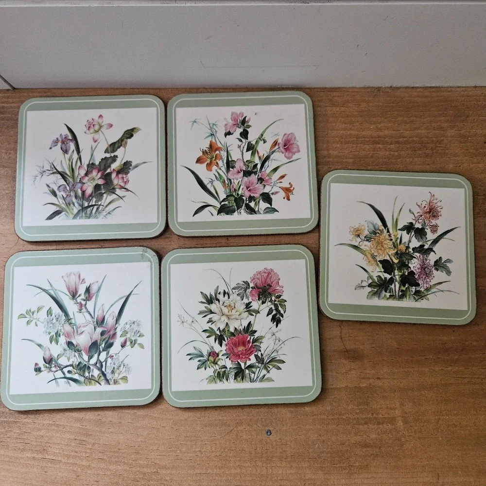 VTG Pimpernel England Floral Cork Back Coasters Set‎ of 5 Botanical Cottagecore